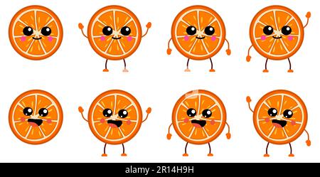 Cute kawaii style orange fruit slice icon, large eyes smiling. Version with hands raised, down and waving Stock Vector