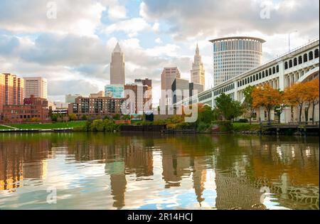 Downtown Cleveland Ohio rises above the Cuyahoga River at Heritage Park in morning light Stock Photo