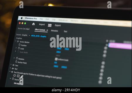 New york, USA - April 7, 2023: Editing video in Adobe Premiere Pro on computer screen close up view Stock Photo
