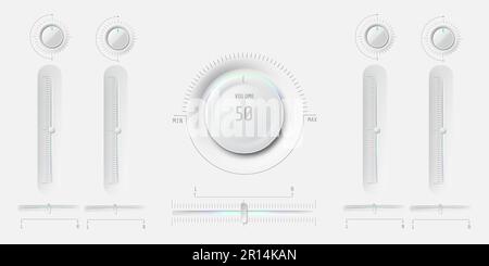 Modern audio UI user interface with volume buttons and sliders. Minimalistic neumorphism style. Audio mixer, sound equalizer, virtual synthesizer Stock Vector