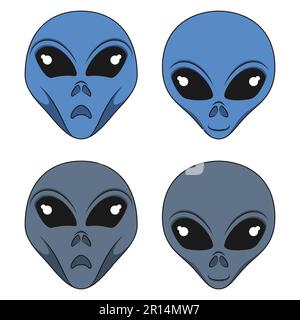 Set of color illustration with alien face. Isolated vector object on white background. Stock Vector