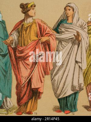 Roman Age. From left to right: 18- Roman female tunic, 19- Roman palla (women's mantle). Chromolithography. 'Historia Universal', by César Cantú. Volume II, 1881. Stock Photo