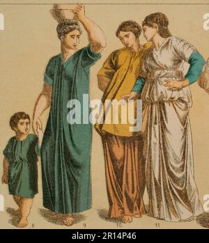 Roman Age. Costume. From left to right: 8- Boy in short-sleeved tunic, 9- Roman inner tunic, 10- Roman jacket for young people, 11- Roman woman's stole. Chromolithography. 'Historia Universal' by César Cantú. Volume II, 1881. Stock Photo