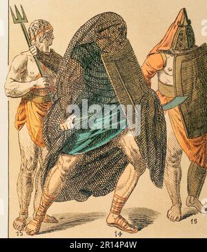 Roman Empire. Gladiators. From left to right: 13- gladiator armed with trident, 14- gladiator carrying shield and net, 15- gladiator carrying scythe, helmet and shield. Chromolithography. 'Historia Universal', by César Cantú. Volume II, 1881. Stock Photo