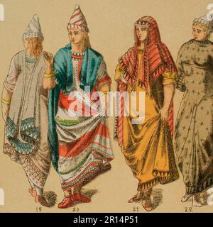 Etruscans. From left to right: 19 and 20- Etruscan woman's cape, 21- Etruscan woman's cape with a sort of hood, 22- Etruscan woman's dress. Chromolithography. 'Historia Universal' by César Cantú. Volume II, 1881. Stock Photo