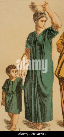 Roman Age. Costume. From left to right: 8- Boy in short-sleeved tunic, 9- Roman inner tunic. Chromolithography. 'Historia Universal' by César Cantú. Volume II, 1881. Stock Photo