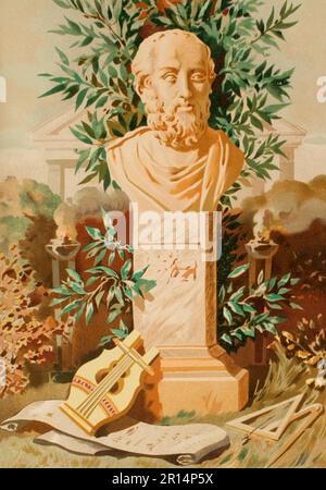 Plato (428/427 BC-348/347 BC). Greek philosopher. Copy of an ancient bust from the Uffizi Gallery in Florence, drawn in Visconti's Greek iconography. Chromolithography. 'Historia Universal', by César Cantú. Volume III, 1882. Stock Photo