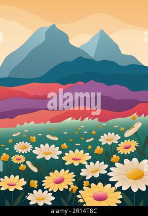 Mountain landscape with a meadow of daisies. A field with colorful flowers, green grass and blue skies. Stock Vector