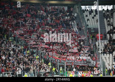 Milan, Italy. 11th May, 2023. Sevilla Fc fans during the Uefa Europa League semi-final, first leg, football match between Juventus Fc and Sevilla Fc on 11 May 2023 at Allianz Stadium, Turin, Italy. Credit: Nderim Kaceli/Alamy Live News Stock Photo