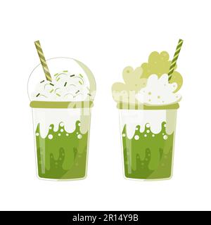 Matcha latte green tea, cartoon isolated vector illustration, realistic icon. Stock Vector