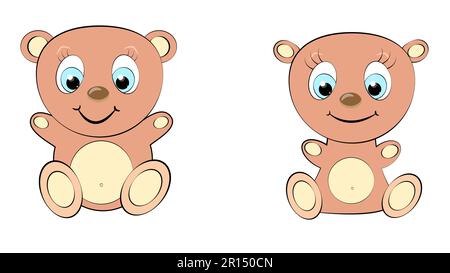 Two cute, beautiful, brown bear girl and boy with big head and blue eyes on white background and copy space. Vector illustration Stock Vector