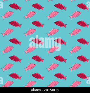 The pattern of red and pink beautiful, drawn, cartoon fish floating in different directions on a blue background. Vector illustration. Seamless textur Stock Vector