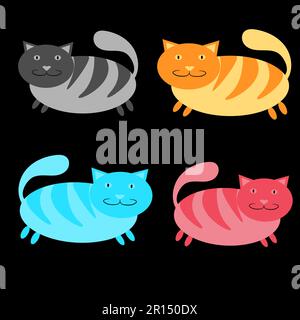 Set of multicolored, pink, blue, red and gray, striped, thick, cats on a black background. Vector illustration. Stock Vector