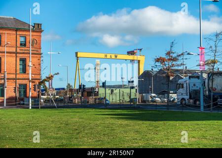 Harland and Wolff Samson and Goliath Cranes next to the Titanic Hotel Belfast in the Titanic Quarter, Belfast, Northern Ireland, UK Stock Photo