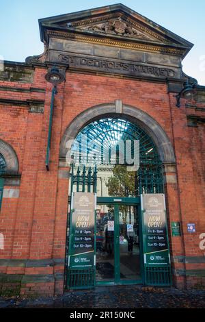 Entrance to St George’s Market, the last surviving Victorian covered market in Belfast, on East Bridge Street, Belfast, Northern Ireland, UK Stock Photo