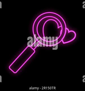 Bright luminous purple festive digital digital neon sign for a store or card beautiful shiny with a love heart and a magnifier on a black background. Stock Vector