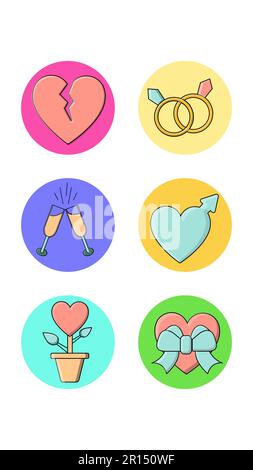 A set of six round icons for a contemporary with love holiday items a heart-broken gift with glasses of champagne rings and a flower on a white backgr Stock Vector