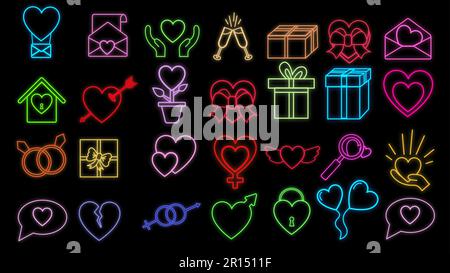 Set of bright luminous multi-colored festive neon signs for the store and cards beautiful shiny with love items and icons on a black background. Vecto Stock Vector