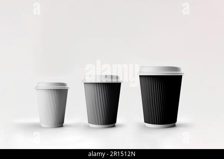 Tree takeaway coffee cups in diffrent sizes. White, black and grey colors. Isolated on black background Stock Photo