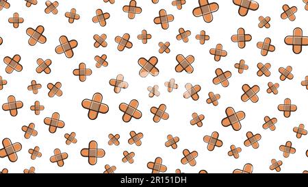Seamless pattern texture of endless repetitive corporal medical pharmacological patches for sticking wounds and cuts against white yellow background. Stock Vector