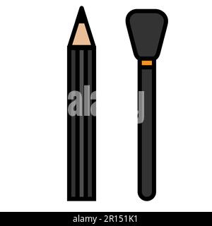 Black flat icon is a simple trendy glamorous cosmetic pencil for tinting the lips and eyes and a blush powder for make-up, beauty guidance. Vector ill Stock Vector