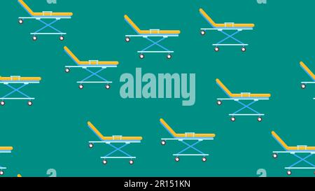 Seamless pattern texture of endless recurring medical beds with wheels, gurney from emergency hospital on blue background. Vector illustration. Stock Vector