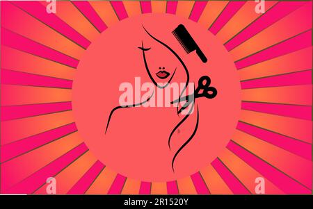 Linear round icon of a woman with long hair with a comb and scissors in a barber shop on a background of abstract red rays. Vector illustration. Stock Vector