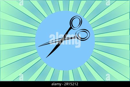 Linear round icon of scissors at the hairdresser on a background of abstract blue rays. Vector illustration. Stock Vector