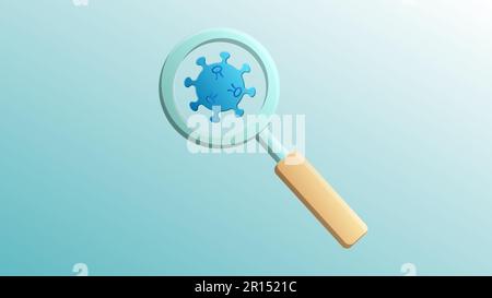 Glass laboratory medical medical magnifier scientific for the diagnosis and research of coronavirus infection disease covid-19 virus molecule on a blu Stock Vector