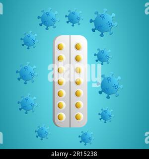 Medical pills yellow medication in blister and deadly dangerous coronavirus infection disease covid-19 pandemic virus molecule on blue background. Stock Vector
