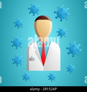 Doctor, medical worker in a white hospital coat and the disease deadly dangerous coronavirus infection covid-19 pandemic virus molecule on a blue back Stock Vector