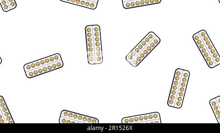 Seamless pattern endless texture of yellow round medical medicinal pharmaceutical pills tablets in packaging plates on white background. Vector illust Stock Vector