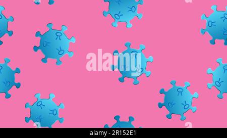 Seamless pattern of blue viruses of the bacteria coronavirus disease Covid-19 pandemic dangerous infectious texture on a pink background. Stock Vector