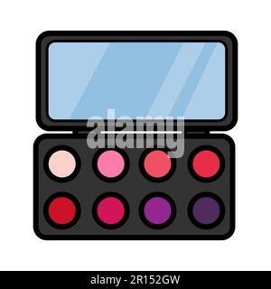 Flat colorfull icon is a simple linear glamorous cosmetics rectangular powder box with a mirror, eye shadows and eyelids applying make-up beauty guida Stock Vector