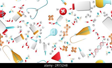 Endless seamless pattern of medical scientific medical items icons jars with pills capsules first aid kits and stethoscopes on a white background. Vec Stock Vector