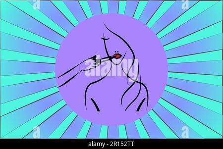 Linear round icon of injection cosmetology with botox lips on abstract blue rays background. Vector illustration. Stock Vector