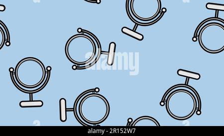 Endless seamless pattern of beautiful beauty items for makeup and cosmetics application of glass mirrors on a stand on a blue background. Vector illus Stock Vector