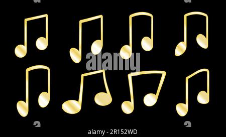 A set of 8 golden yellow ribs or knit, fatty lines that connect the musical notes when grouping notes inside the bars on a black background, a set of Stock Vector