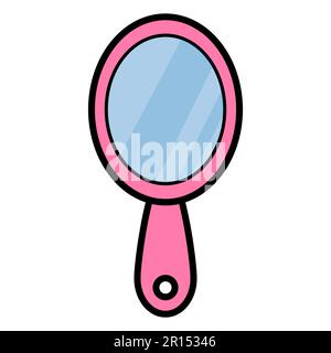 Flat pink beautyfull simple icon of a trendy glamorous oval mirror for applying makeup with a handle for beauty guidance. Vector illustration. Stock Vector