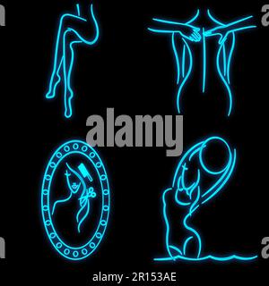 Set of bright luminous blue neon signs for a solarium, beauty salon, massage salon, beautiful shiny beauty spa with women on a black background. Vecto Stock Vector