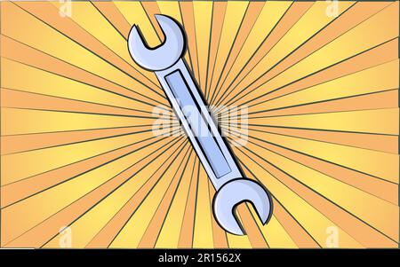 Construction repair fitter's tool open-end wrench for tightening the nut on a background of abstract yellow rays. Vector illustration. Stock Vector