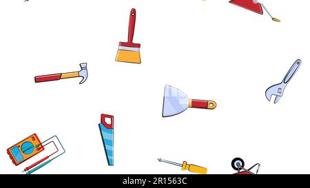 Texture, seamless pattern from a set of construction tools for repair: hammer, shovel, screwdriver, wrench, tester, brush, saw, trolley, trowel, ladde Stock Vector