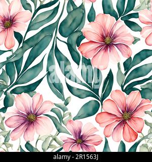 Vintage floral decoration with watercolor flowers and leaves painting seamless pattern Stock Photo