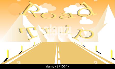 An asphalt road with a dividing strip for travel to the high rocky mountains. Journey to the mountains by car, travel and inscription road trip. Vecto Stock Vector
