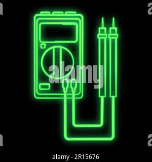 Bright luminous green industrial digital neon sign for shop service center workshop beautiful shiny with electric tester on a black background. Vector Stock Vector