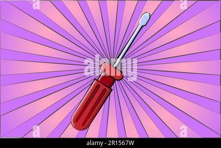 Construction repair tool red hand screwdriver on a background of abstract purple rays. Vector illustration. Stock Vector