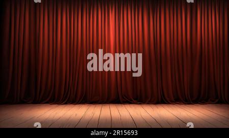 A wooden floor stage with a red curtain background and spotlights for presentation showcase show room Stock Photo