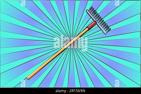 Construction repair garden tool rake on a background of abstract blue rays. Vector illustration. Stock Vector