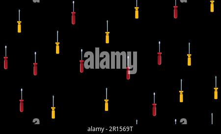 Texture, seamless abstract pattern of metal construction plastic yellow and red screwdrivers for repair, tool on black background. Vector illustration Stock Vector