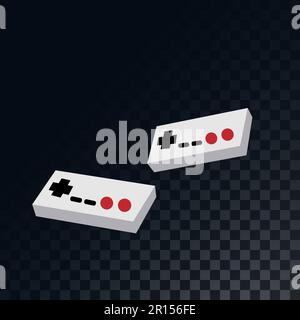 Old retro vintage gaming joysticks for video games from the 70s, 80s, 90s on a translucent, dark, checkered gray background of squares. Vector illustr Stock Vector